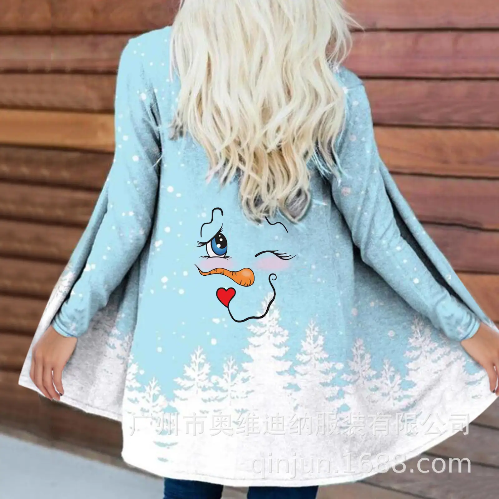 Women's Christmas Digital Print Long Sleeve Cardigan Blue