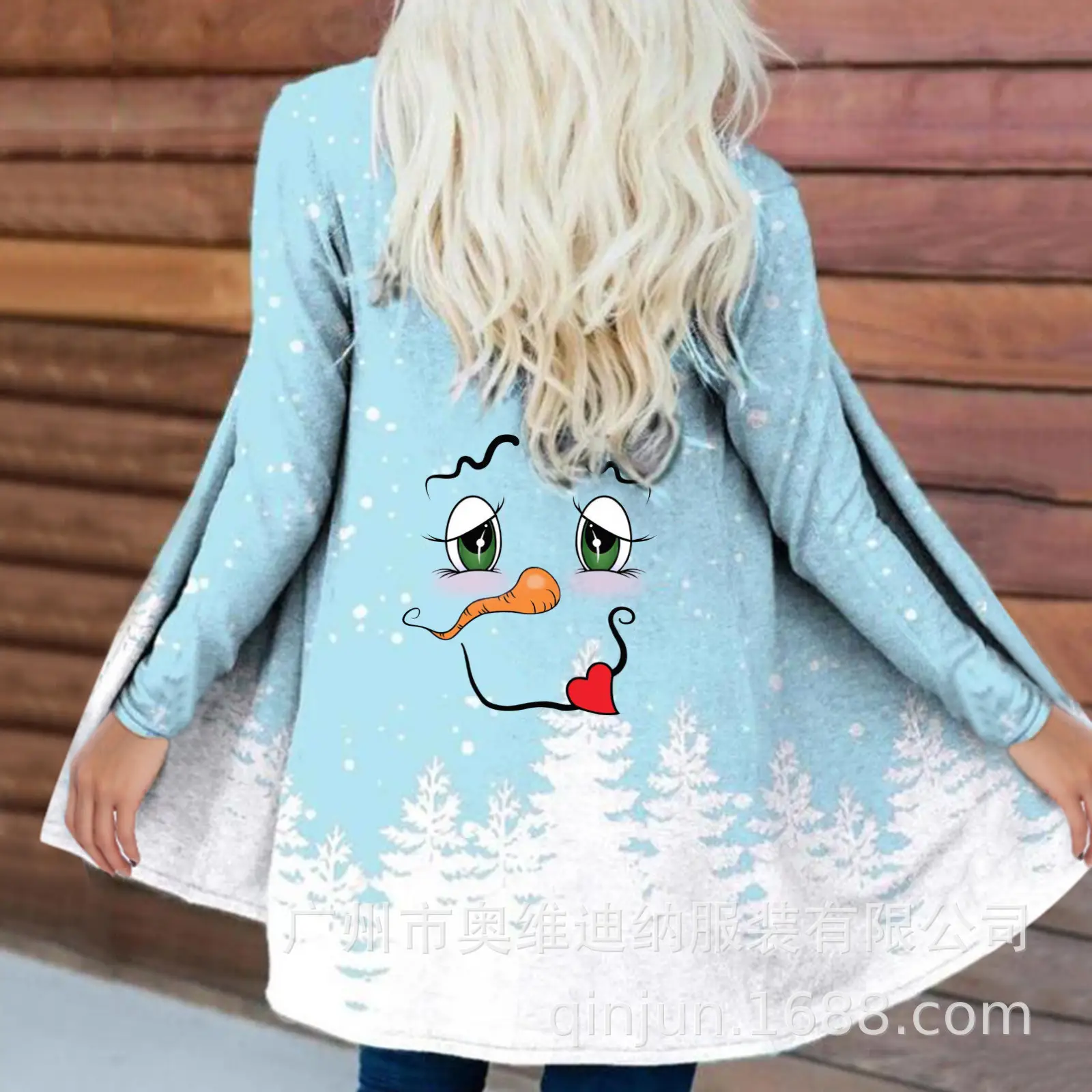Women's Christmas Digital Print Long Sleeve Cardigan Blue