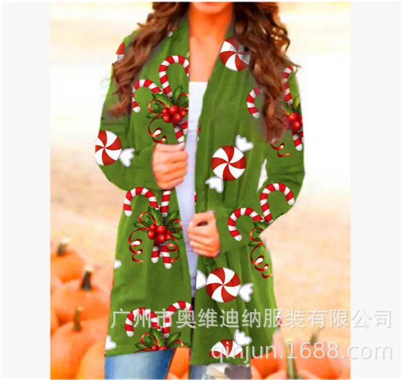 Women's Christmas Digital Print Long Sleeve Cardigan Blue