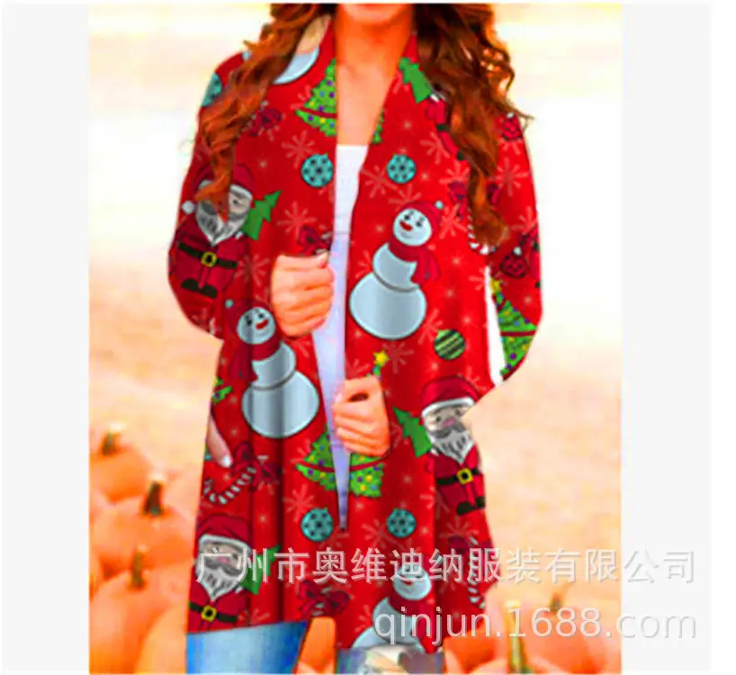 Women's Christmas Digital Print Long Sleeve Cardigan Blue