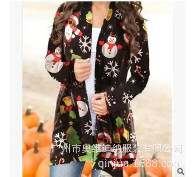 Women's Christmas Digital Print Long Sleeve Cardigan Blue