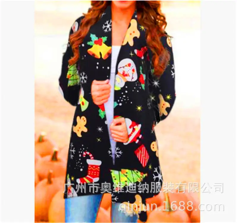 Women's Christmas Digital Print Long Sleeve Cardigan Blue