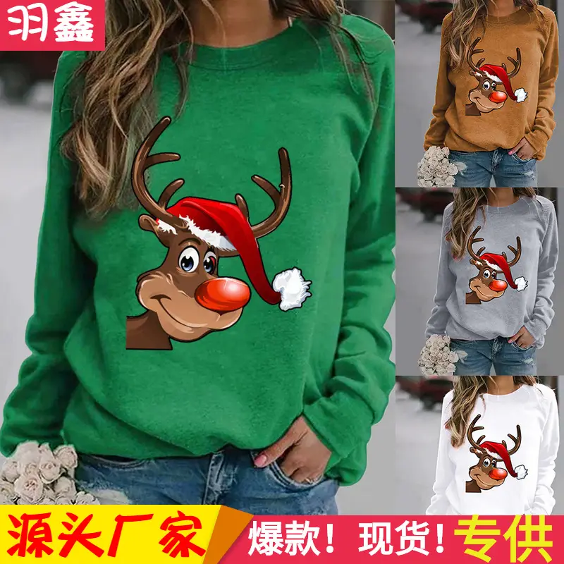 Women Christmas Deer Print Sweatshirt Green Long Sleeve - Image 12