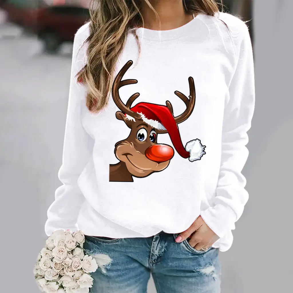 Women Christmas Deer Print Sweatshirt Green Long Sleeve - Image 13