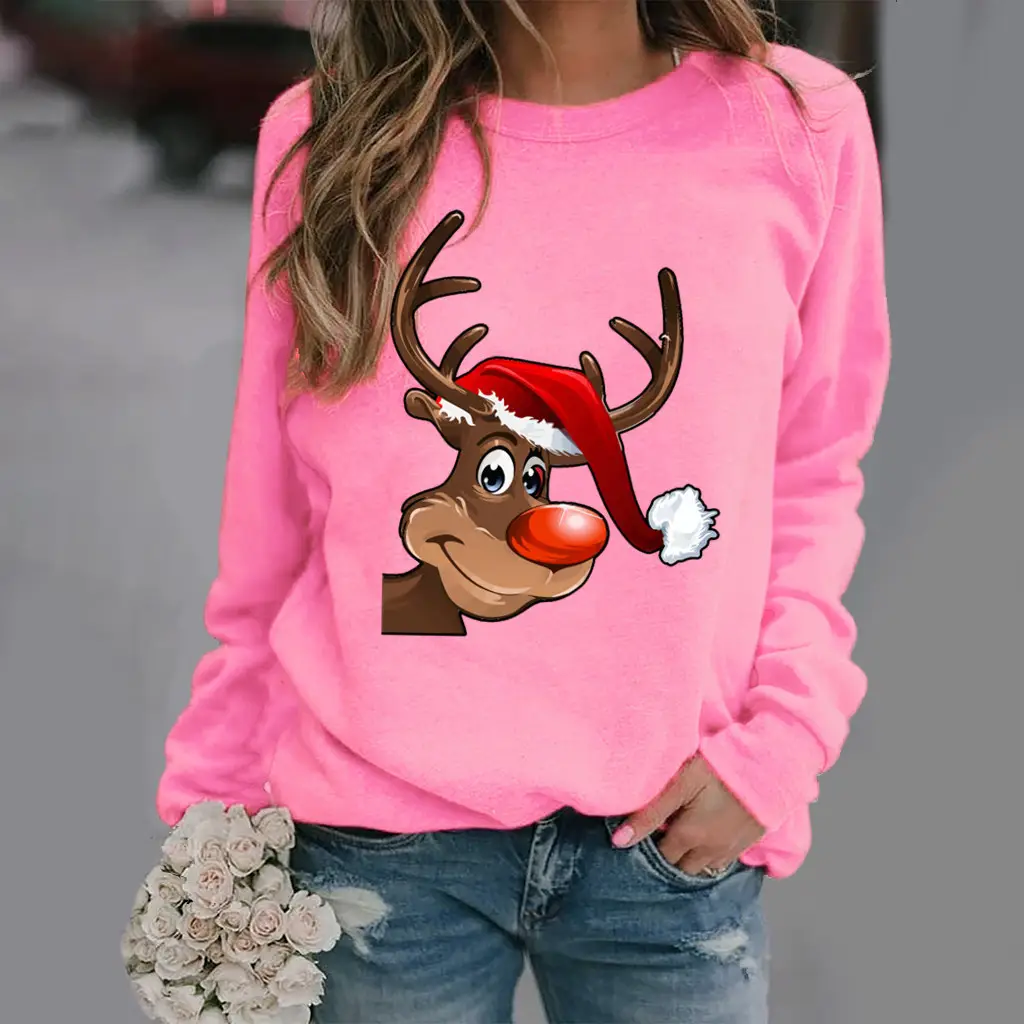 Women Christmas Deer Print Sweatshirt Green Long Sleeve - Image 14