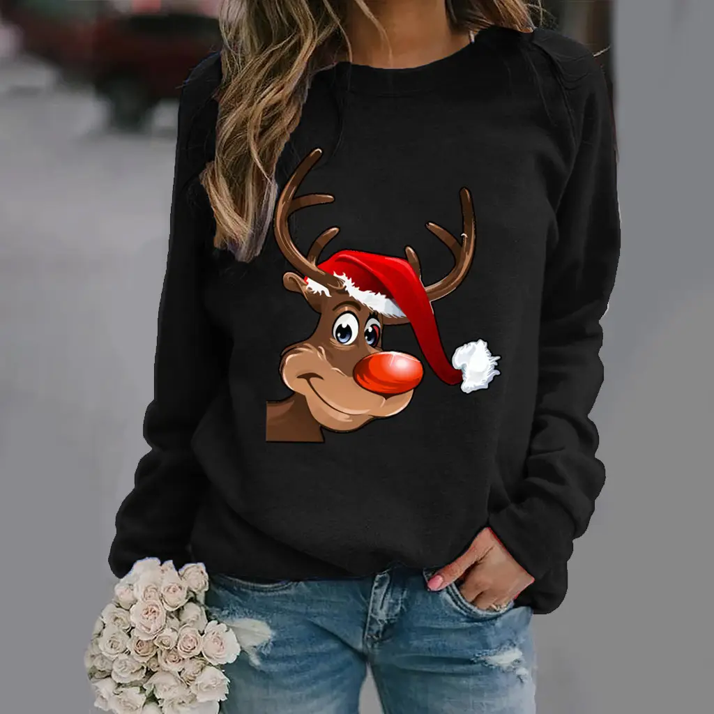 Women Christmas Deer Print Sweatshirt Green Long Sleeve - Image 15