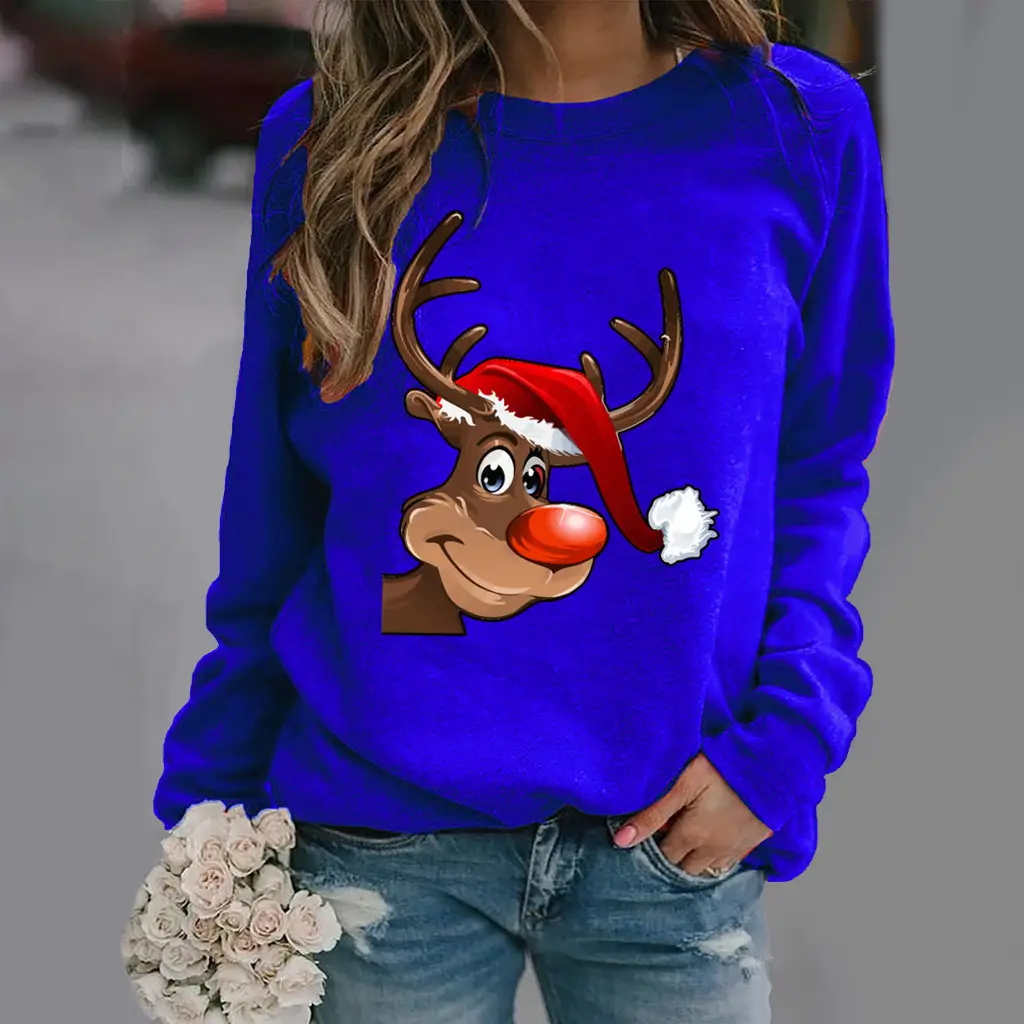 Women Christmas Deer Print Sweatshirt Green Long Sleeve - Image 10