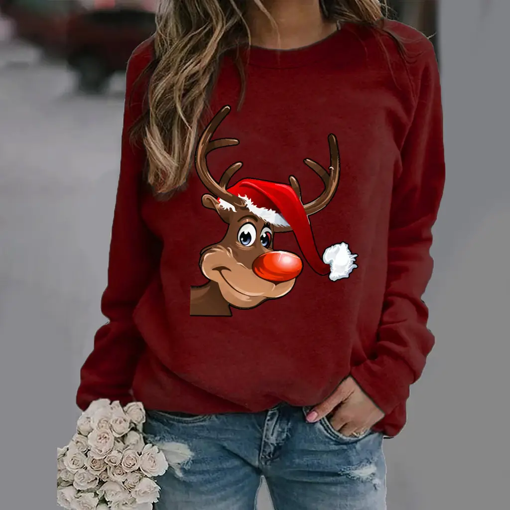 Women Christmas Deer Print Sweatshirt Green Long Sleeve - Image 11