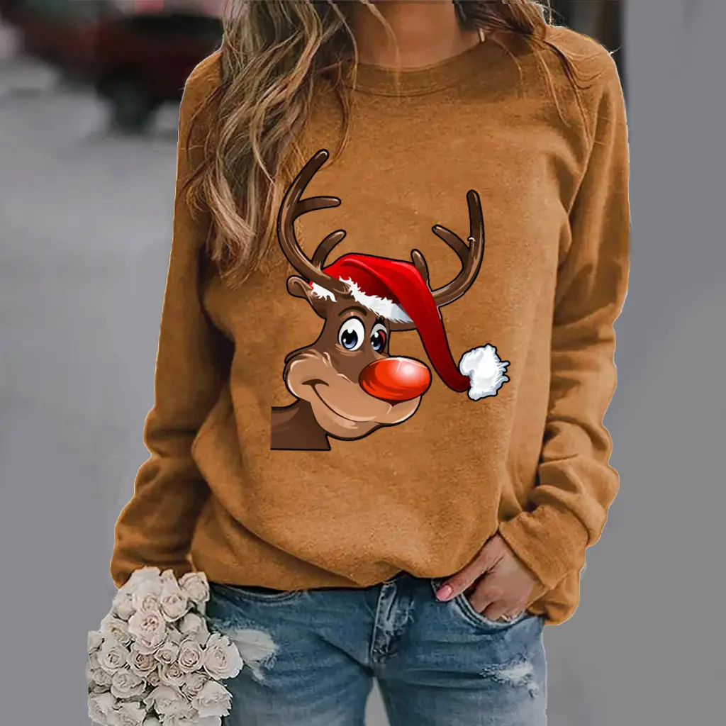 Women Christmas Deer Print Sweatshirt Green Long Sleeve - Image 2