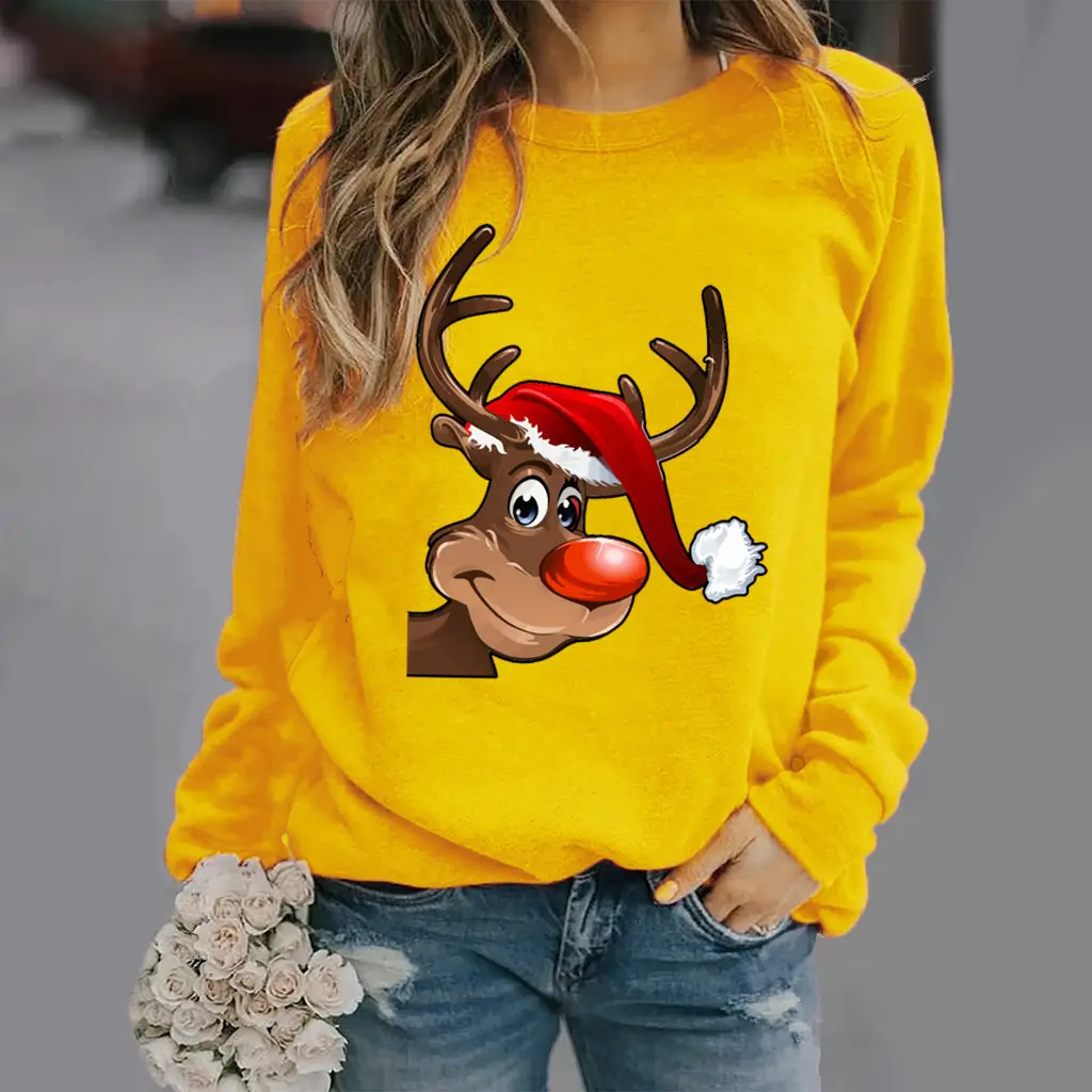 Women Christmas Deer Print Sweatshirt Green Long Sleeve - Image 4