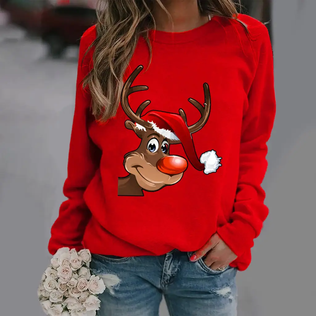 Women Christmas Deer Print Sweatshirt Green Long Sleeve - Image 5