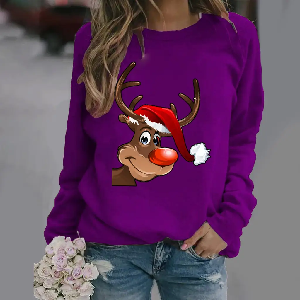 Women Christmas Deer Print Sweatshirt Green Long Sleeve - Image 6