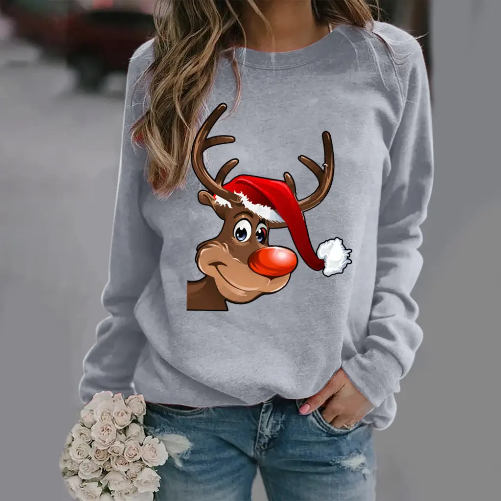 Women Christmas Deer Print Sweatshirt Green Long Sleeve - Image 7
