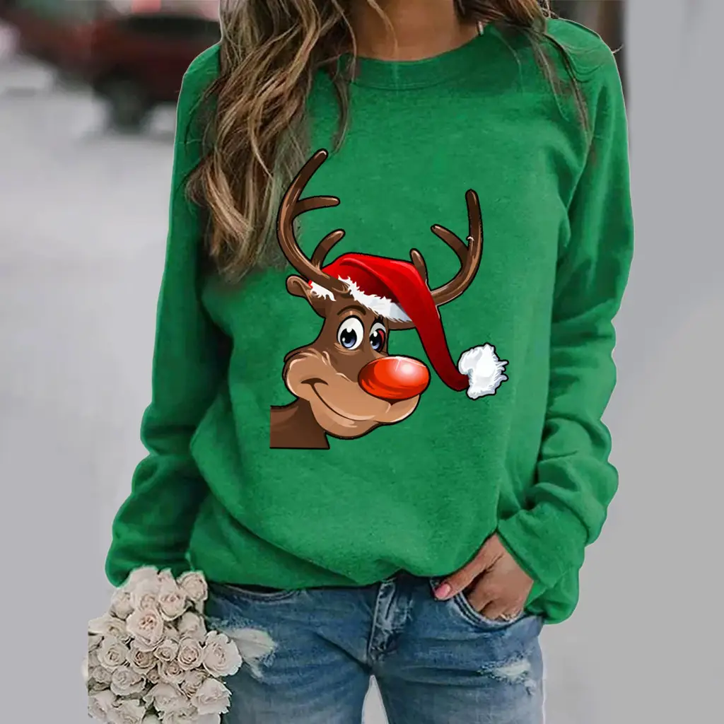 Women Christmas Deer Print Sweatshirt Green Long Sleeve - Image 8