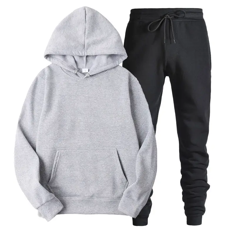 Men's Black Hoodie Sweatshirt Set with Grey Pants - Image 2