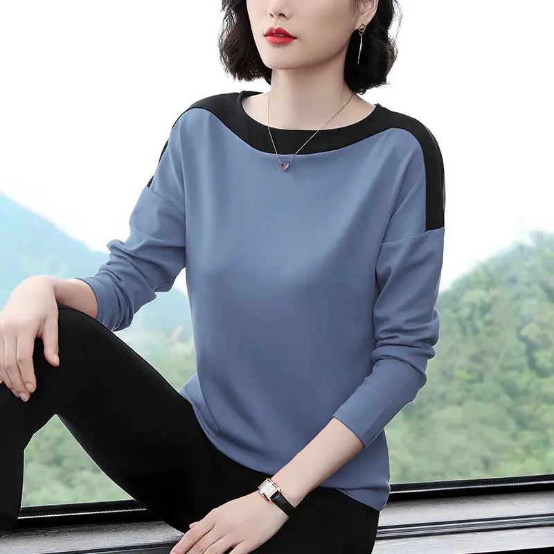 Long Sleeve T-Shirt Women Blue Black Loose Fit