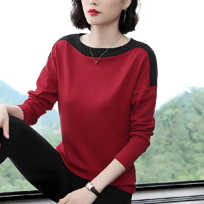 Long Sleeve T-Shirt Women Blue Black Loose Fit