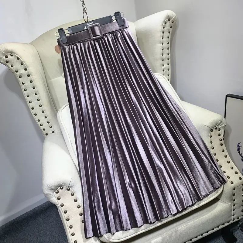 Golden Velvet Belt Pleated Skirt Mid Length High Waist - Image 9