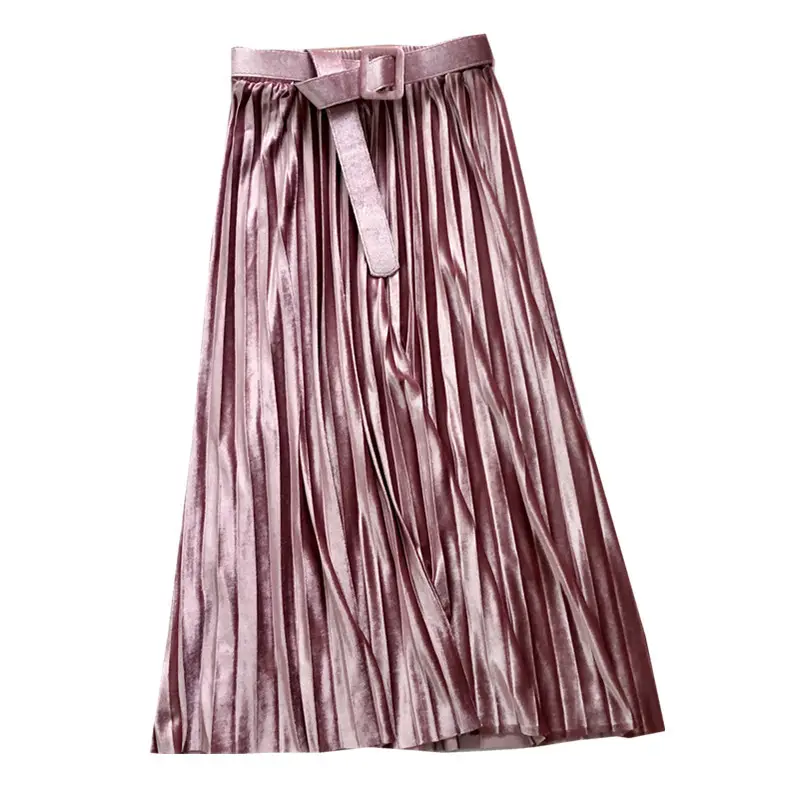Golden Velvet Belt Pleated Skirt Mid Length High Waist - Image 11