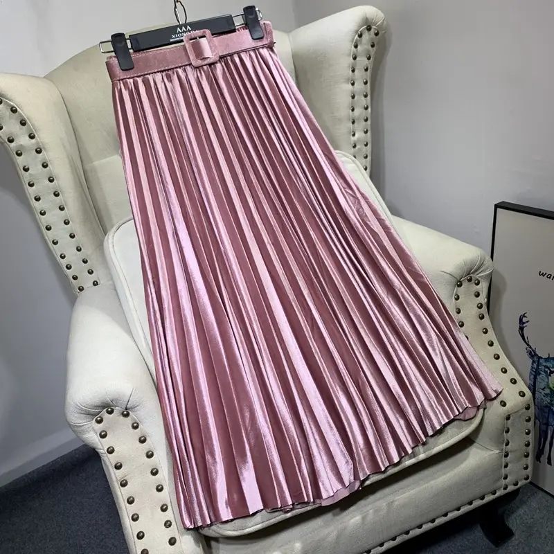 Golden Velvet Belt Pleated Skirt Mid Length High Waist - Image 2