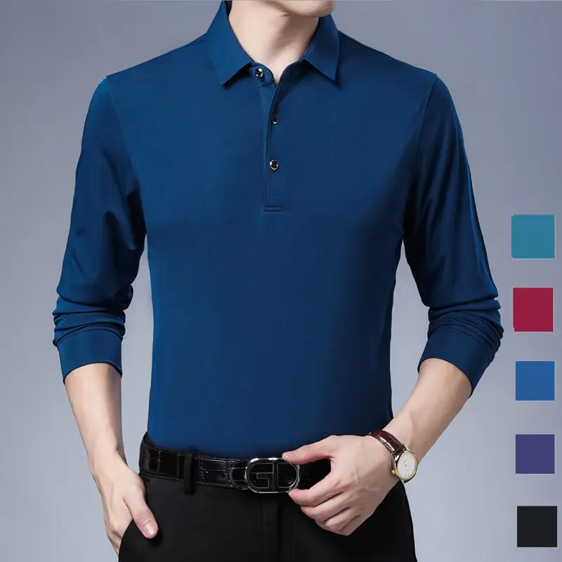 Men Long Sleeve Polo Shirt Solid Teal Slim Fit - Image 6