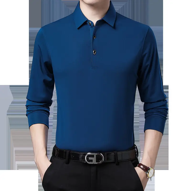 Men Long Sleeve Polo Shirt Solid Teal Slim Fit - Image 8