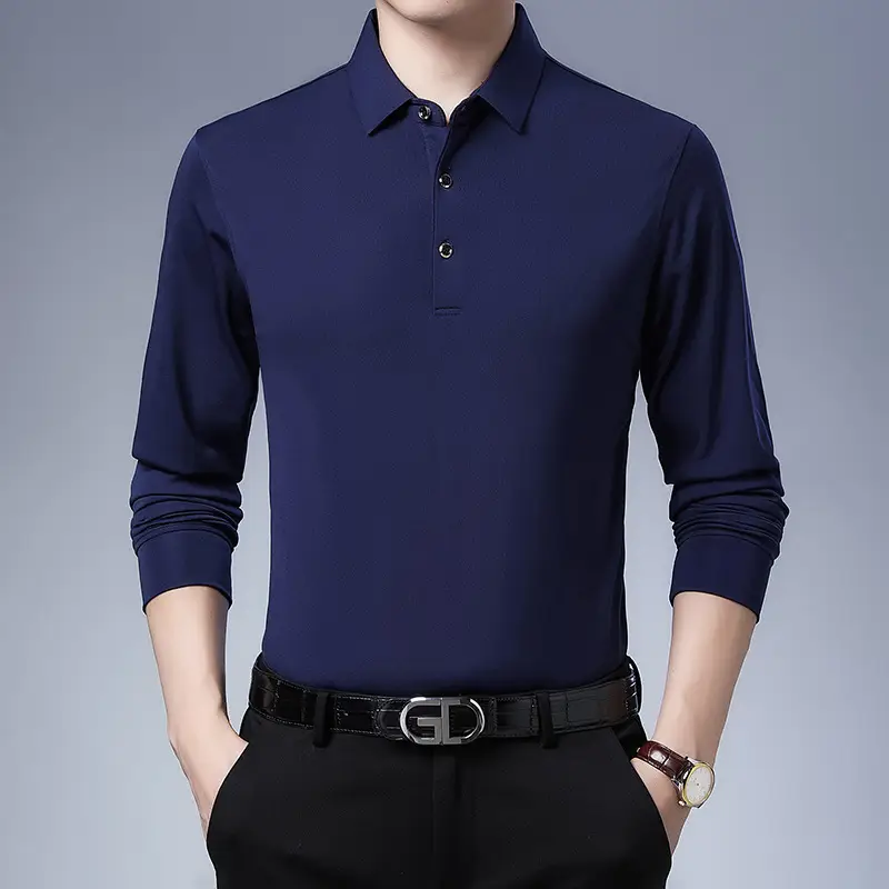 Men Long Sleeve Polo Shirt Solid Teal Slim Fit - Image 2