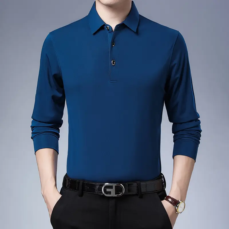 Men Long Sleeve Polo Shirt Solid Teal Slim Fit - Image 3