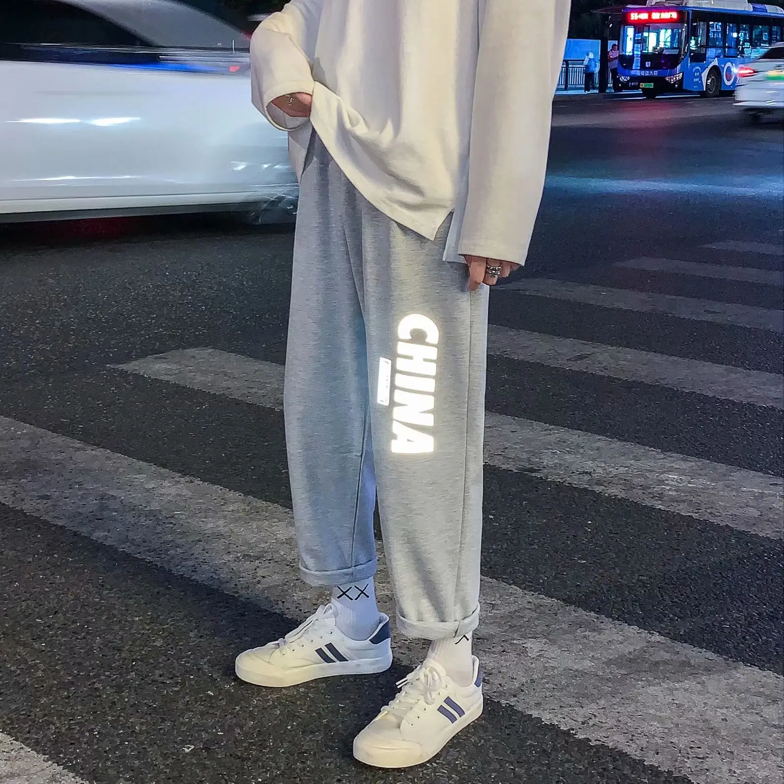 Men's Korean Style Reflective Grey Pants 2020 New Arrival - Image 3