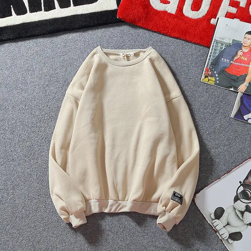 Men's Beige Korean Style Sweatshirt Round Neck Loose Fit