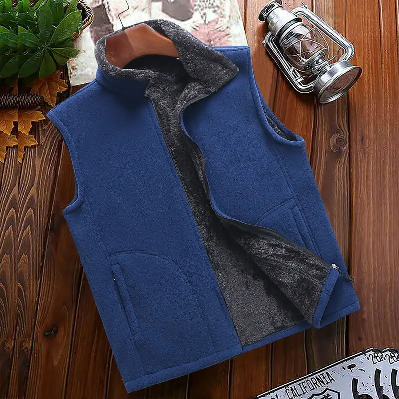 Men's Blue Fleece Sleeveless Vest for Outdoor Sports