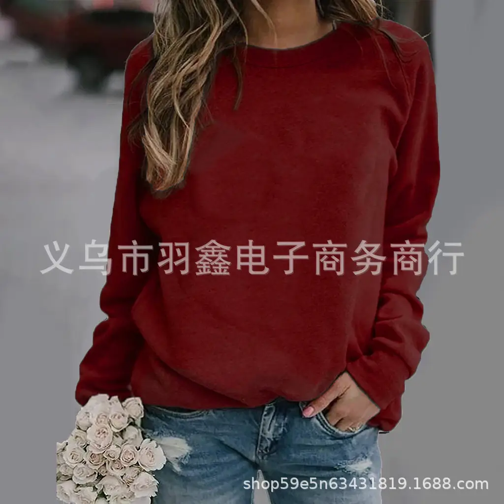 Women's Red Long Sleeve Sweatshirt Solid Color Loose Fit - Image 13