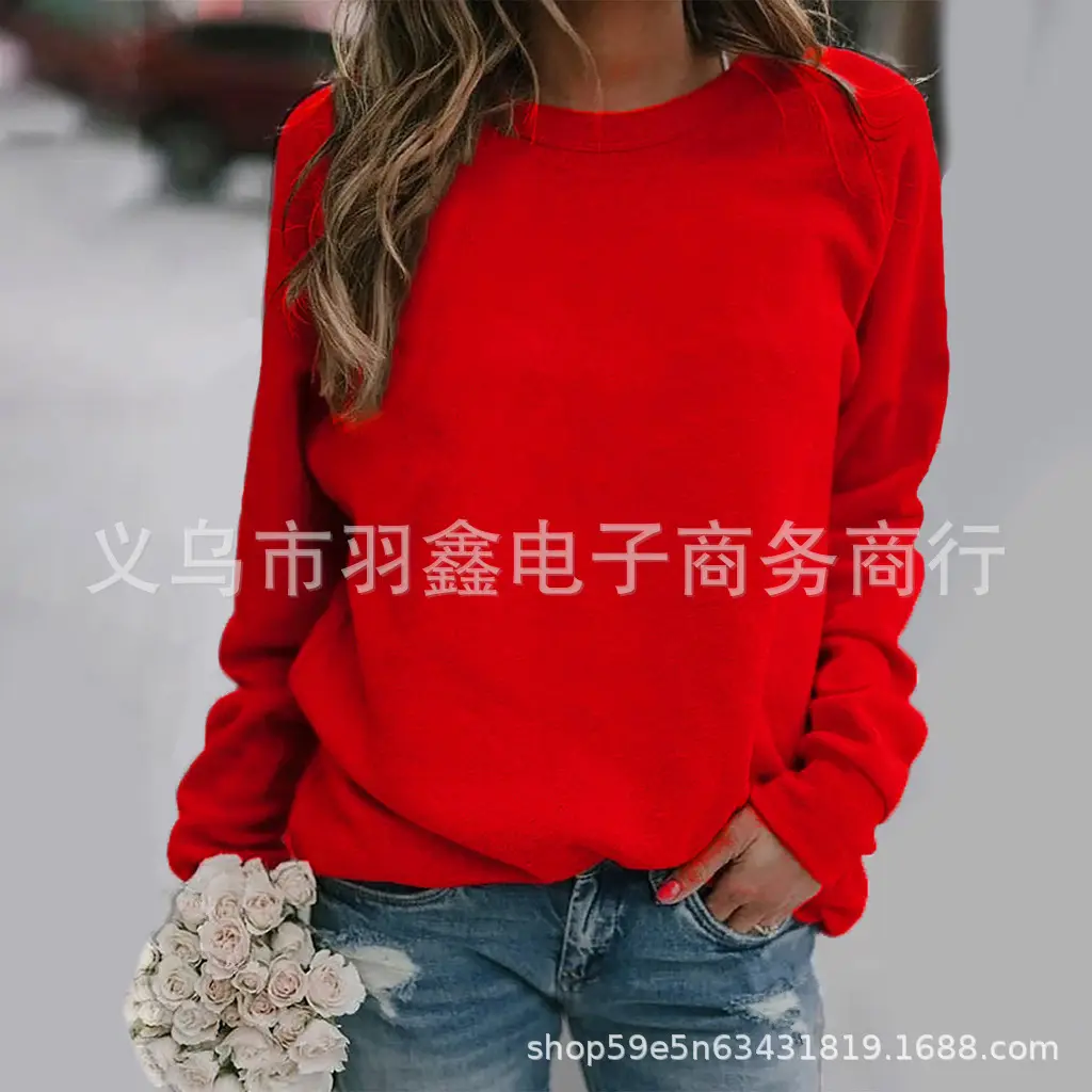Women's Red Long Sleeve Sweatshirt Solid Color Loose Fit - Image 4
