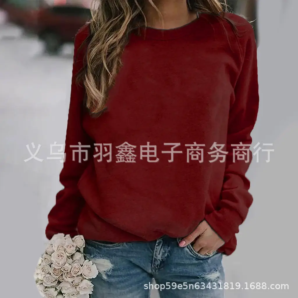 Women's Red Long Sleeve Sweatshirt Solid Color Loose Fit - Image 7