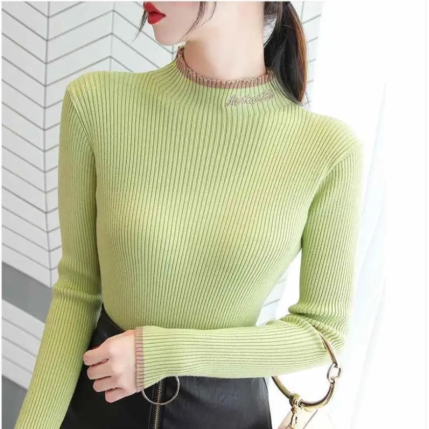Women's Green Knit Half Turtleneck Long Sleeve Top