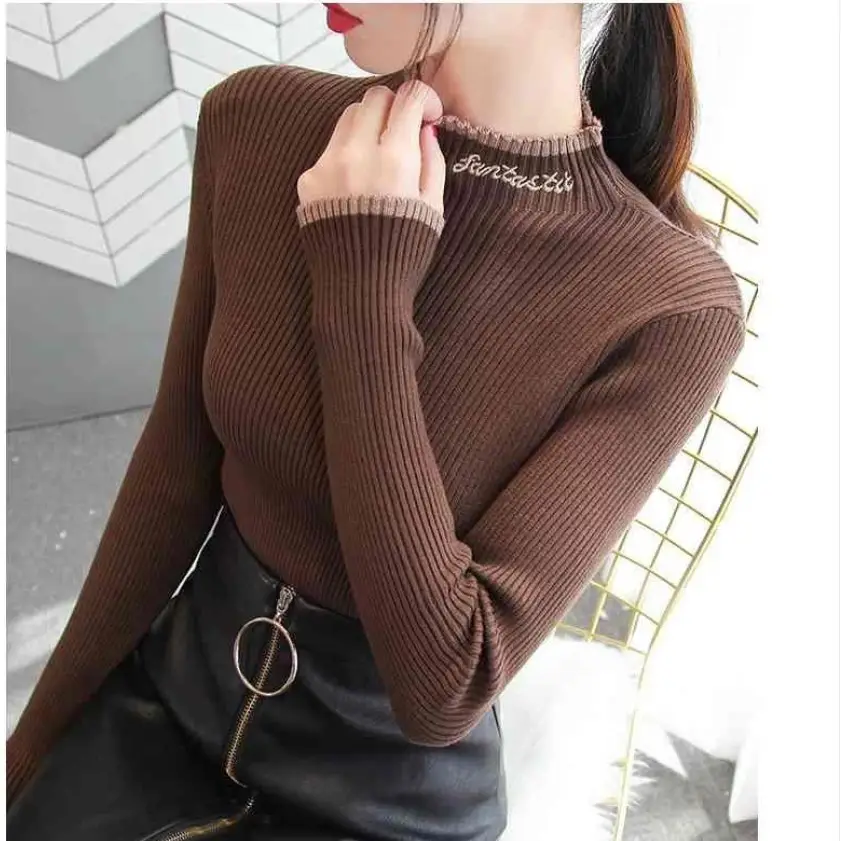 Women's Green Knit Half Turtleneck Long Sleeve Top