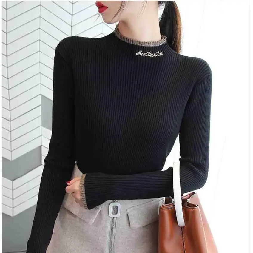 Women's Green Knit Half Turtleneck Long Sleeve Top