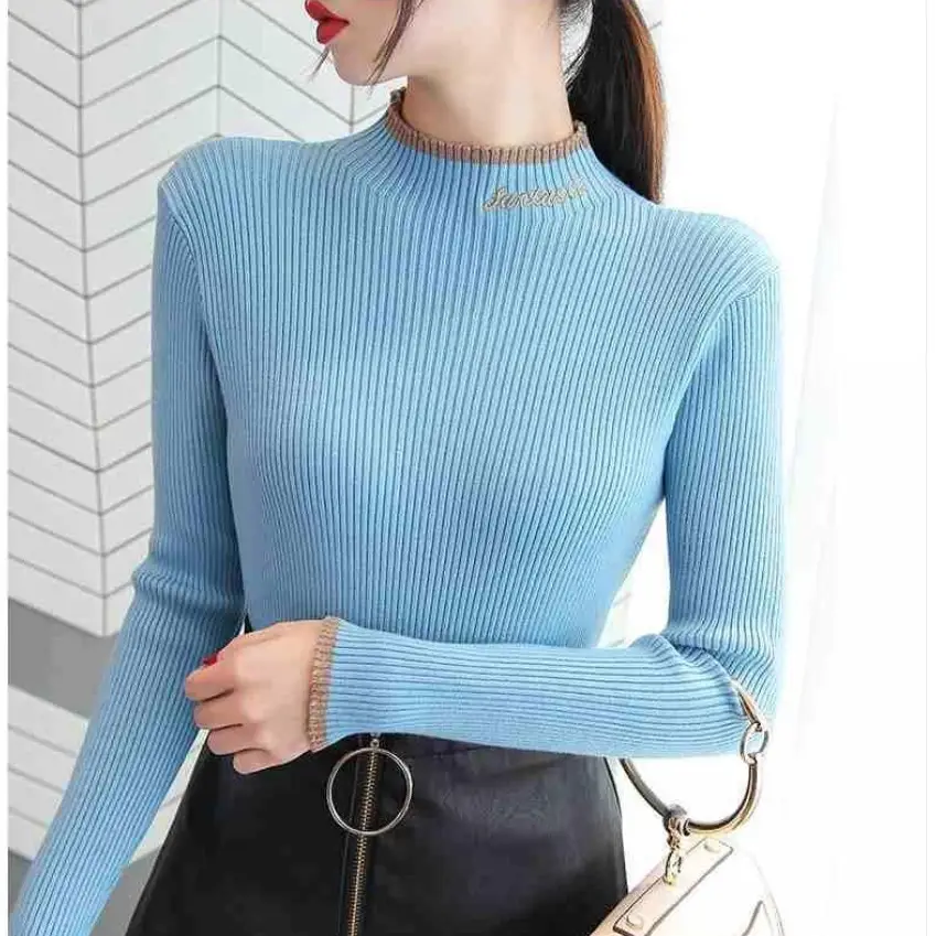 Women's Green Knit Half Turtleneck Long Sleeve Top