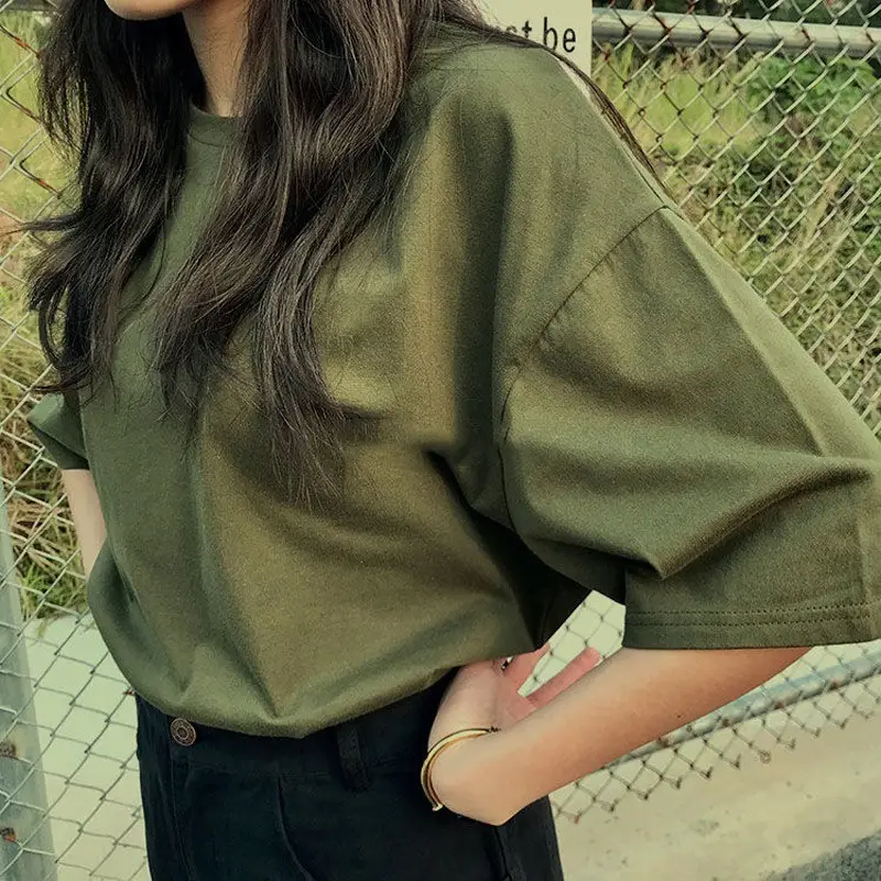 2026 Summer Korean Embroidered T-Shirt Women Loose Sleeve Green - Image 5