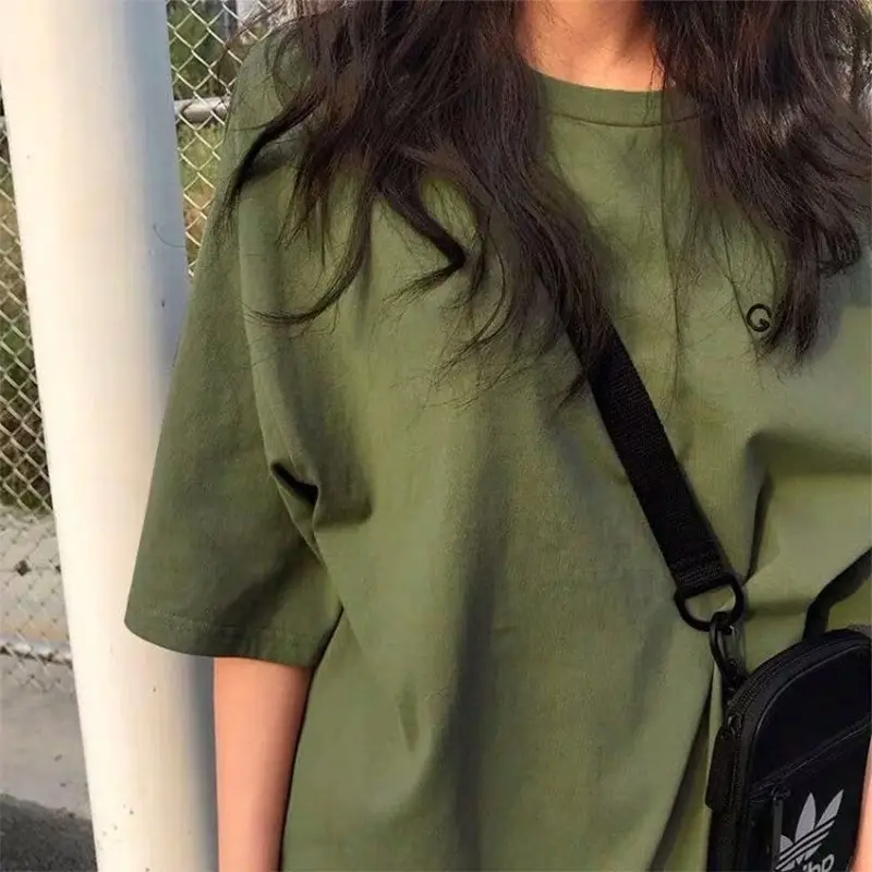 2026 Summer Korean Embroidered T-Shirt Women Loose Sleeve Green - Image 2