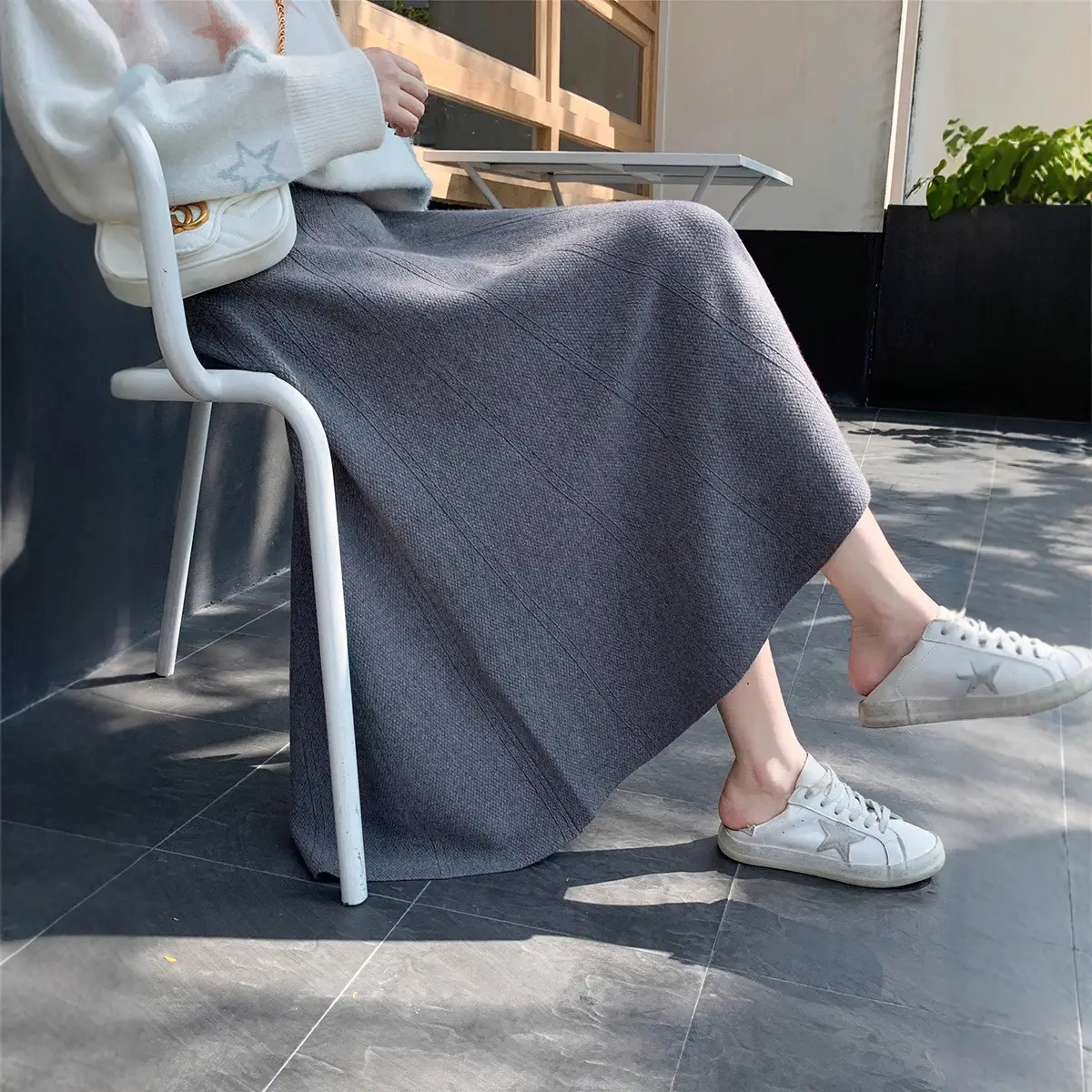 2022 Women's Grey Knitted Pleated Skirt Set - Image 6