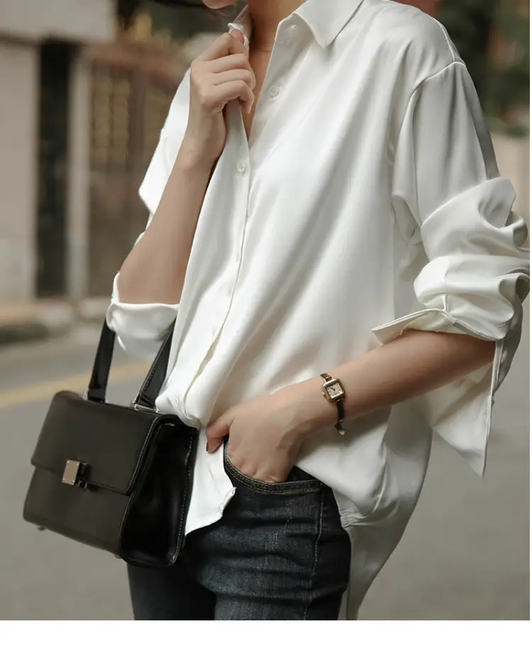 White Mercerized Satin Women's Shirt Small — feature 2