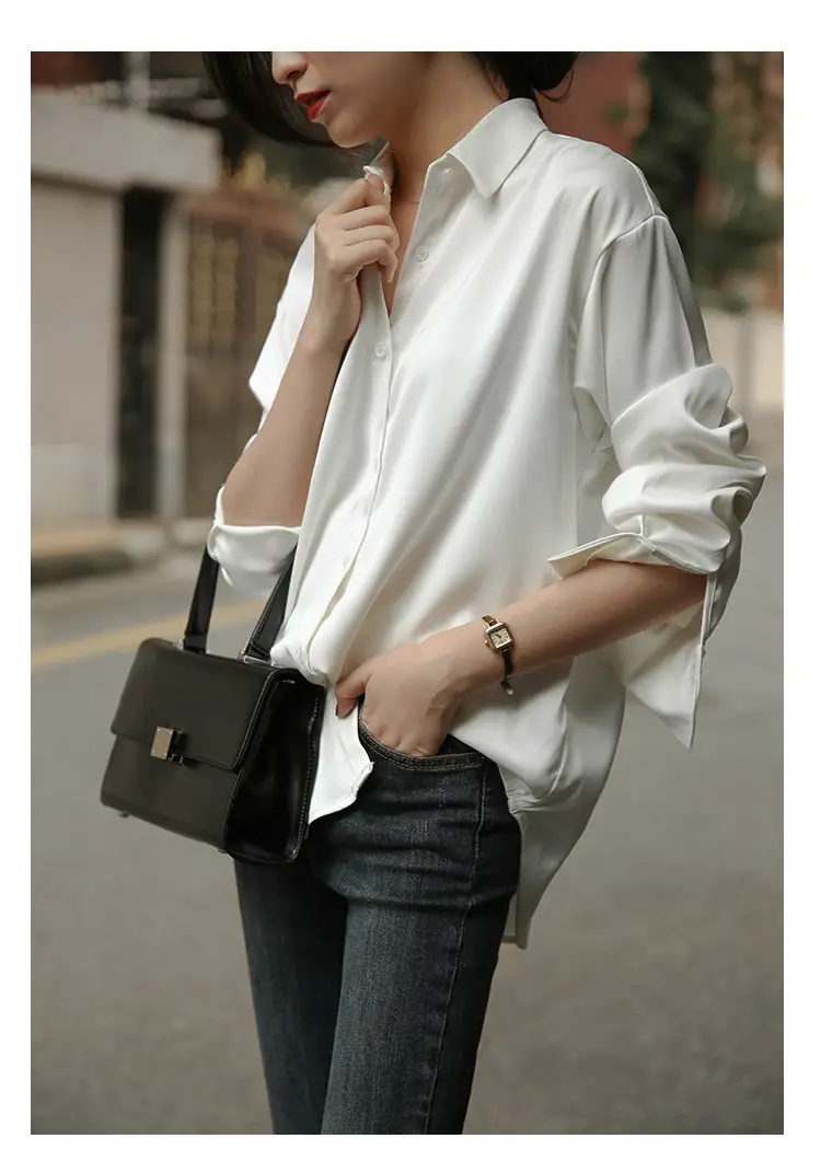 White Mercerized Satin Women's Shirt Small — feature 9