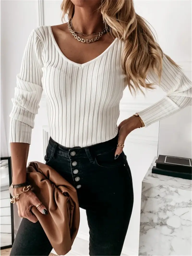 2024 Women's Long Sleeve V Neck Top Pure Color - Image 3