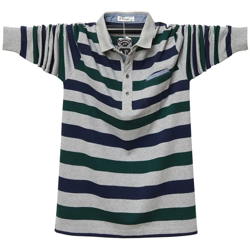Men Striped Polo T-Shirt Green Blue White Medium - Image 3