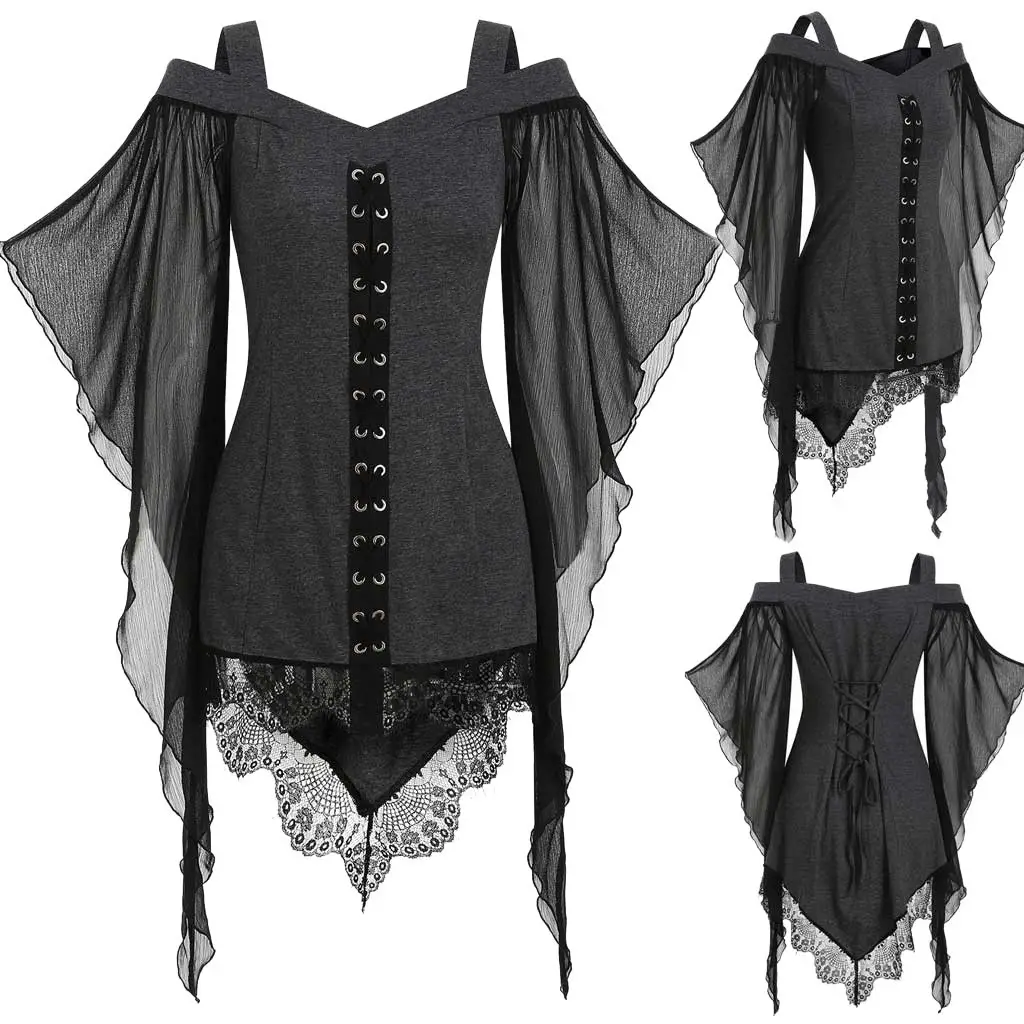 Black Gothic Swing Sleeve Chiffon Top with Lace Trim - Image 6