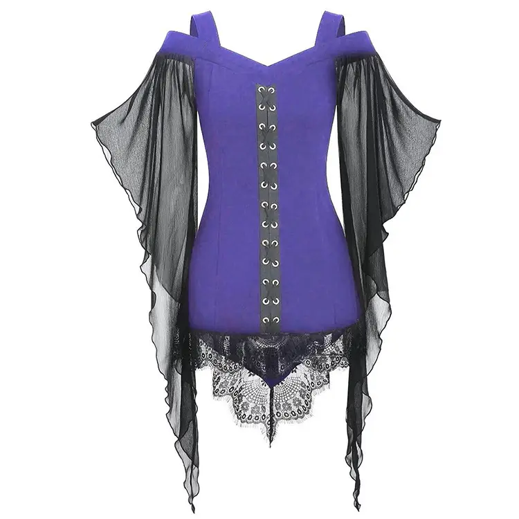 Black Gothic Swing Sleeve Chiffon Top with Lace Trim - Image 7
