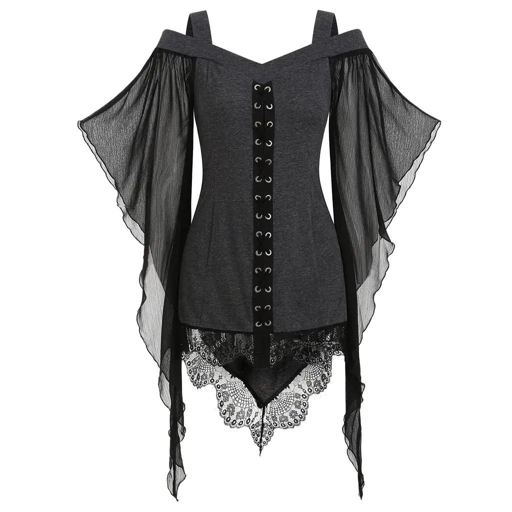 Black Gothic Swing Sleeve Chiffon Top with Lace Trim - Image 2