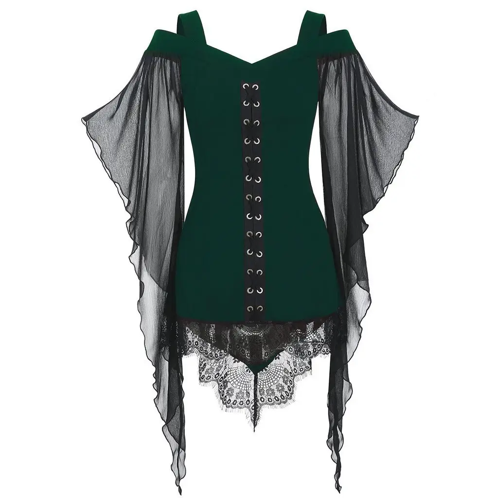 Black Gothic Swing Sleeve Chiffon Top with Lace Trim - Image 3