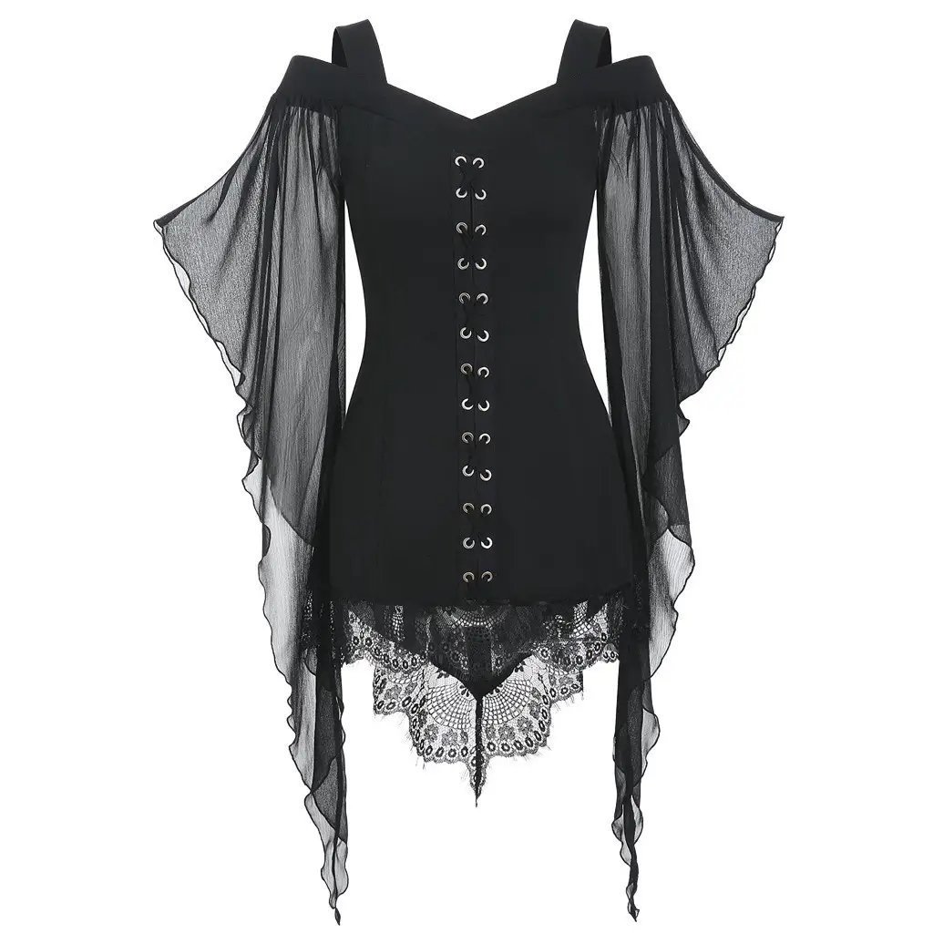 Black Gothic Swing Sleeve Chiffon Top with Lace Trim - Image 4